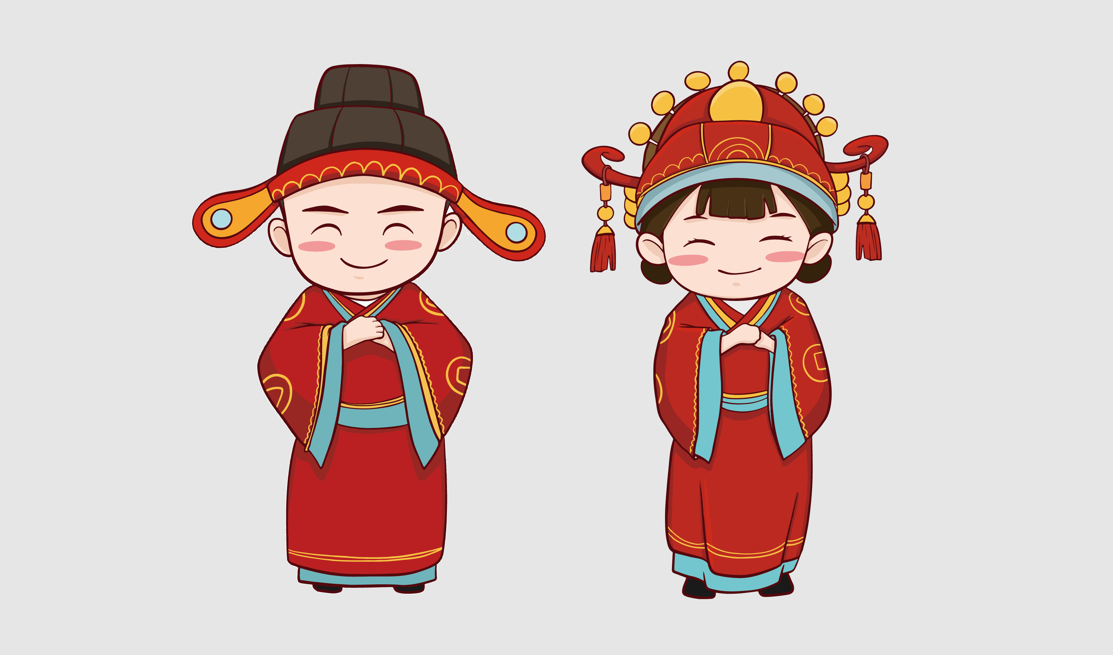 婚宴 喜宴 古代卡通新郎新娘 插画矢量图